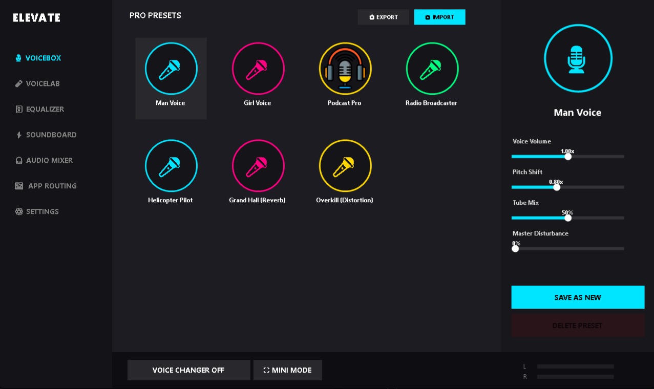 Screenshot of the Elevate Voice Studio interface
